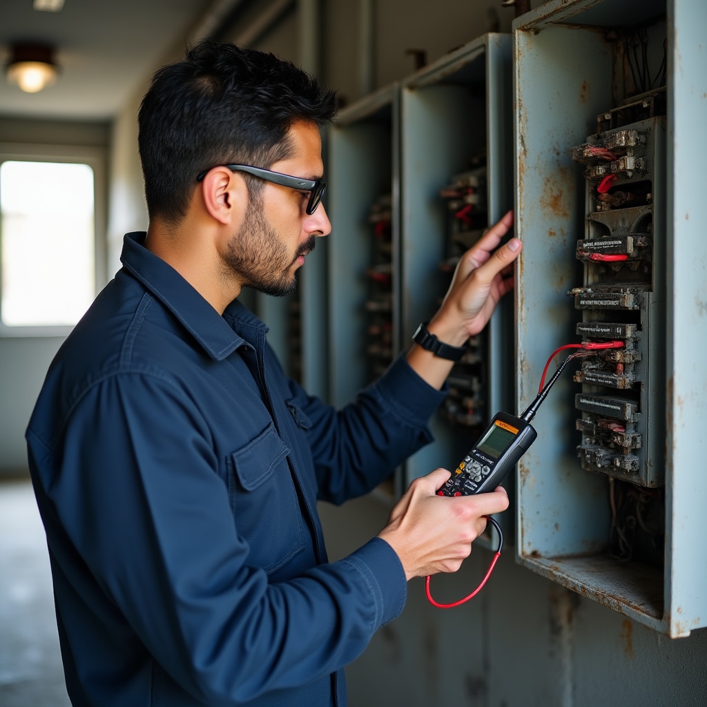 Electrician conducting detailed inspection of building electrical panel