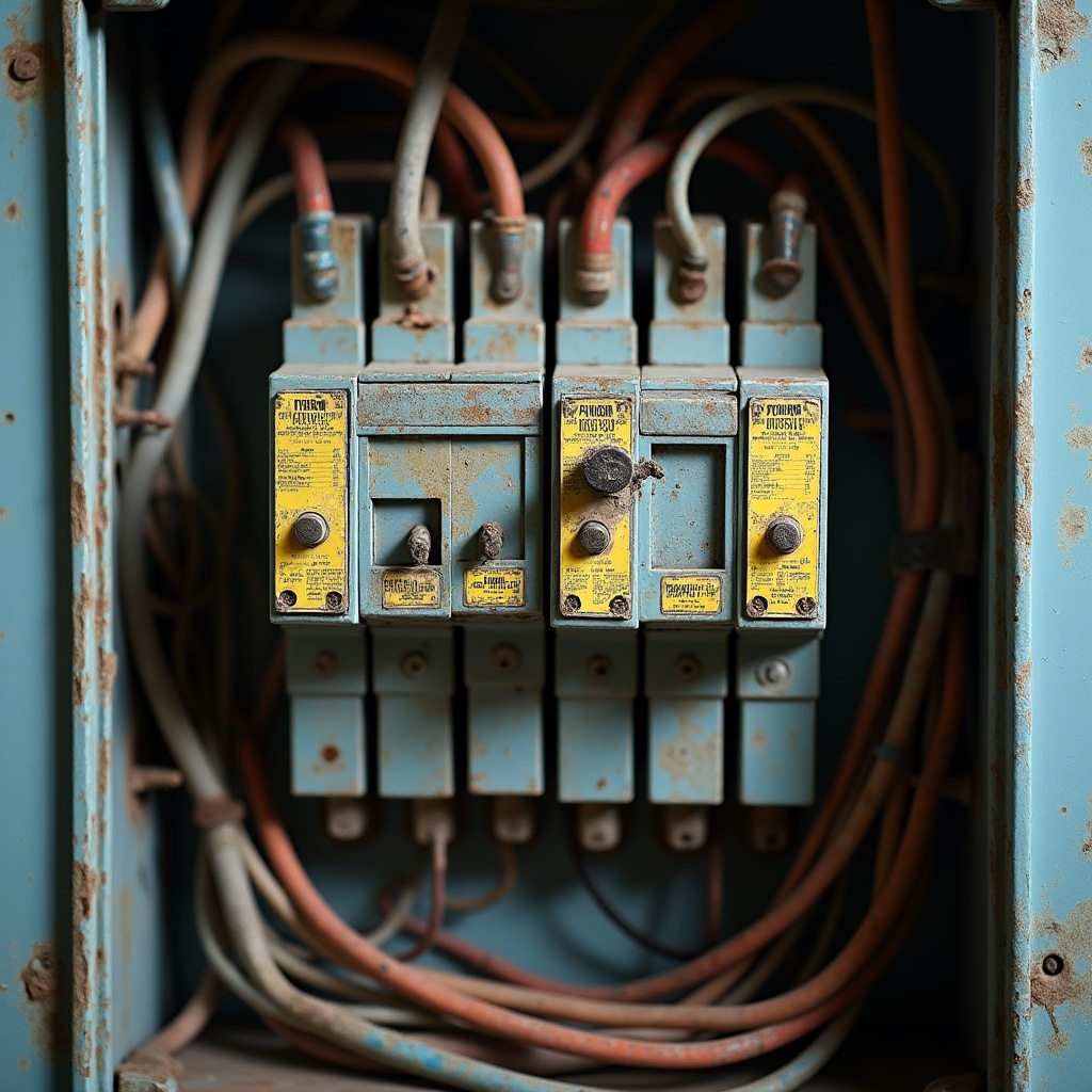 Close-up view of outdated electrical wiring and components requiring upgrade
